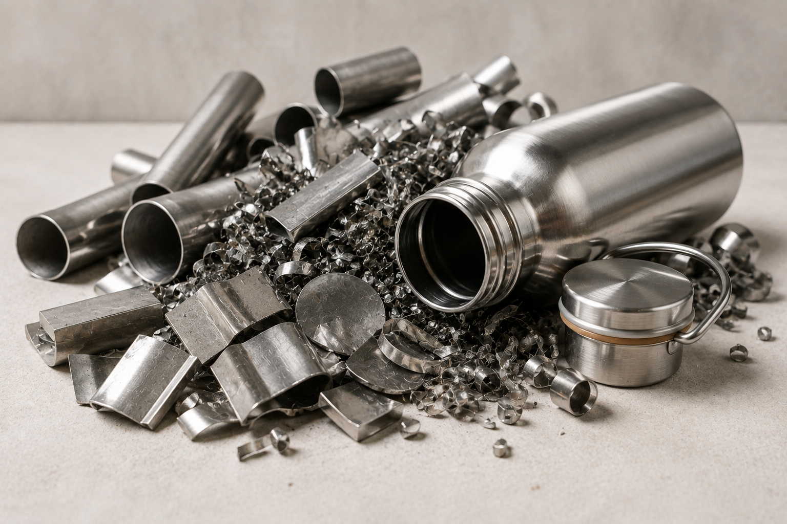 Recovered stainless steel pieces and metal components ready for recycling