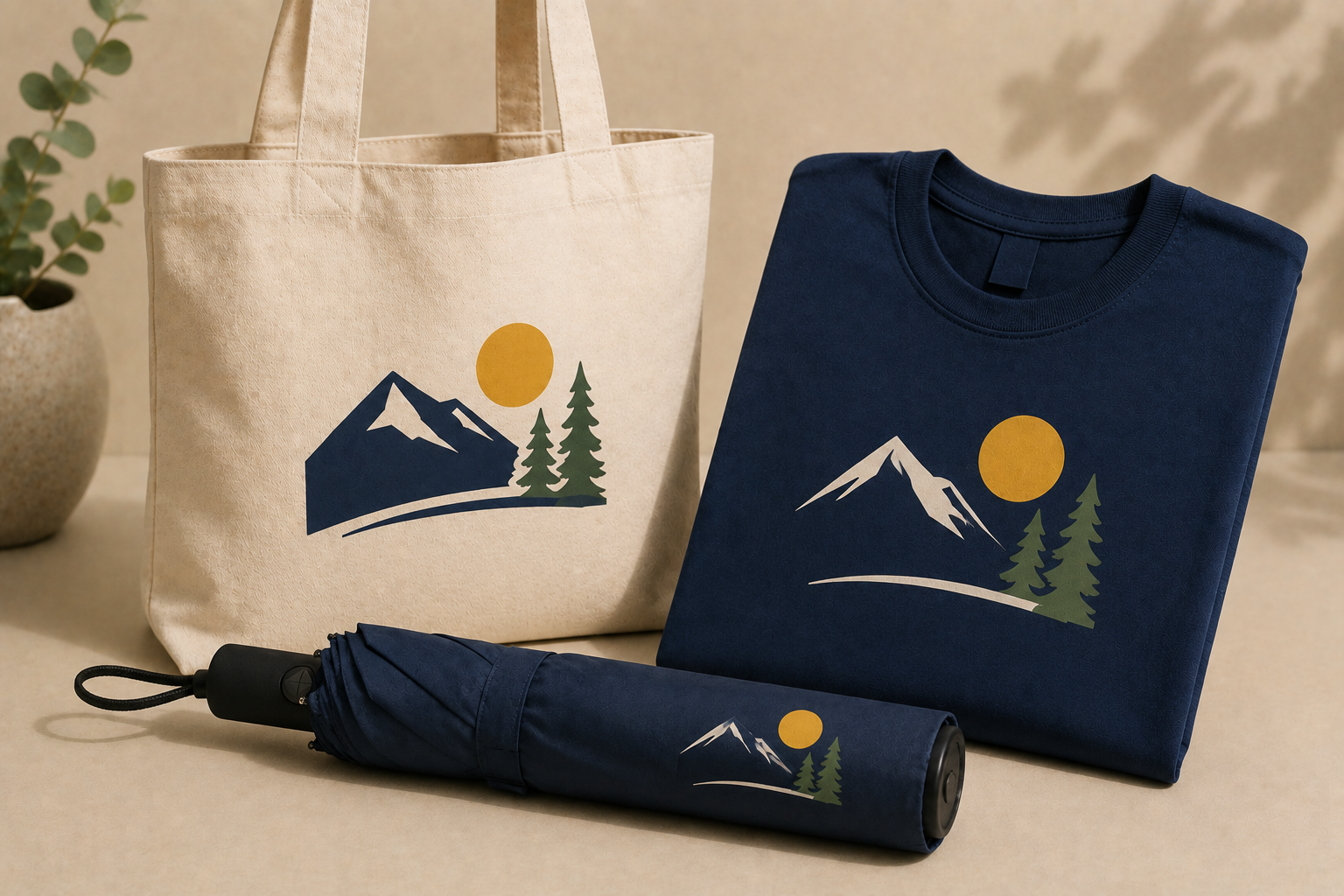 Canvas tote, navy sweatshirt and umbrella each branded with a matching mountain, tree and sun transfer print