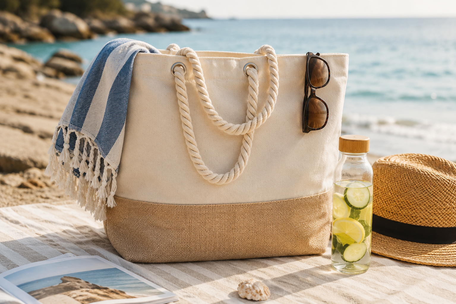 Pantai canvas and jute beach tote with rope handles on a towel by the sea
