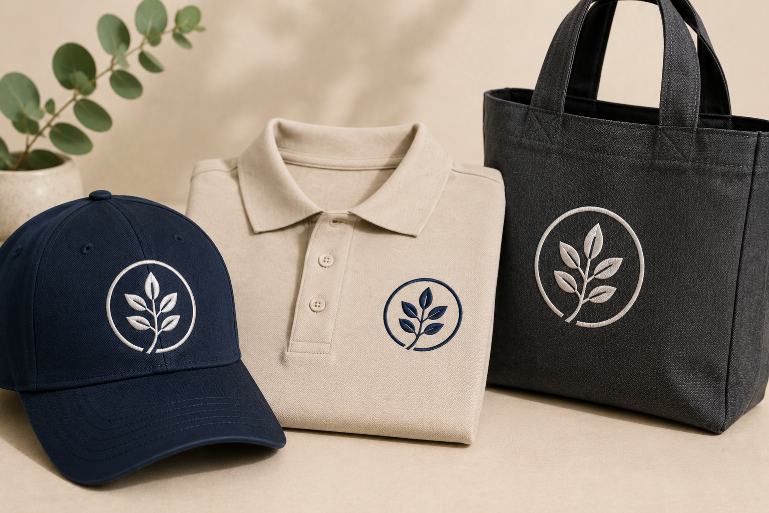 Embroidered leaf logo on a cap, polo shirt and tote bag