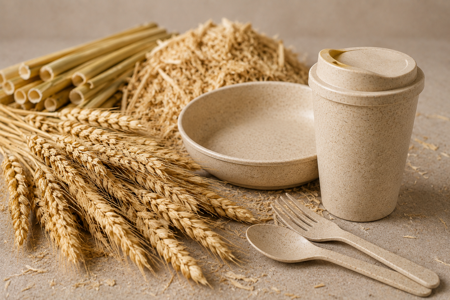 Wheat stalks, grain, and finished wheat-straw products including a bowl, cup and cutlery on a neutral surface