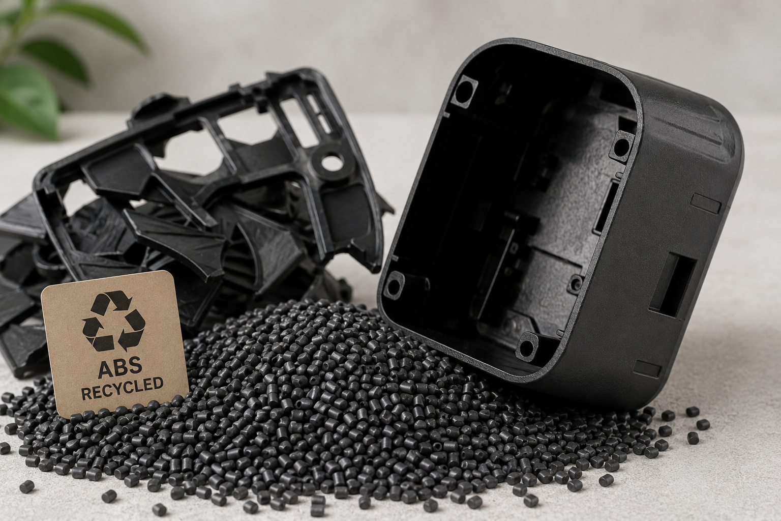 Recycled ABS plastic pellets, shredded ABS components and a finished black plastic casing with a recycled ABS label