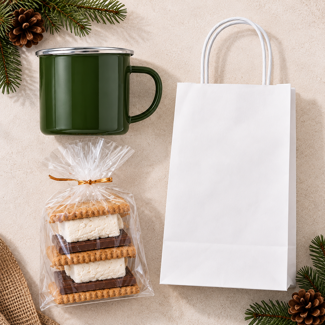 The Fireside S'mores Gift Set: green enamel mug, individually packed S'mores kit and white FSC kraft gift bag