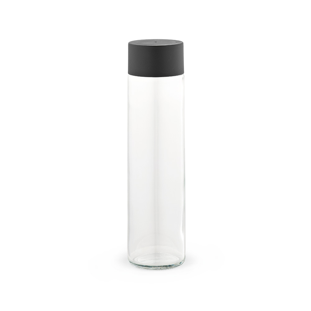 Turia 500 Glass Bottle 550ml with black lid, front view