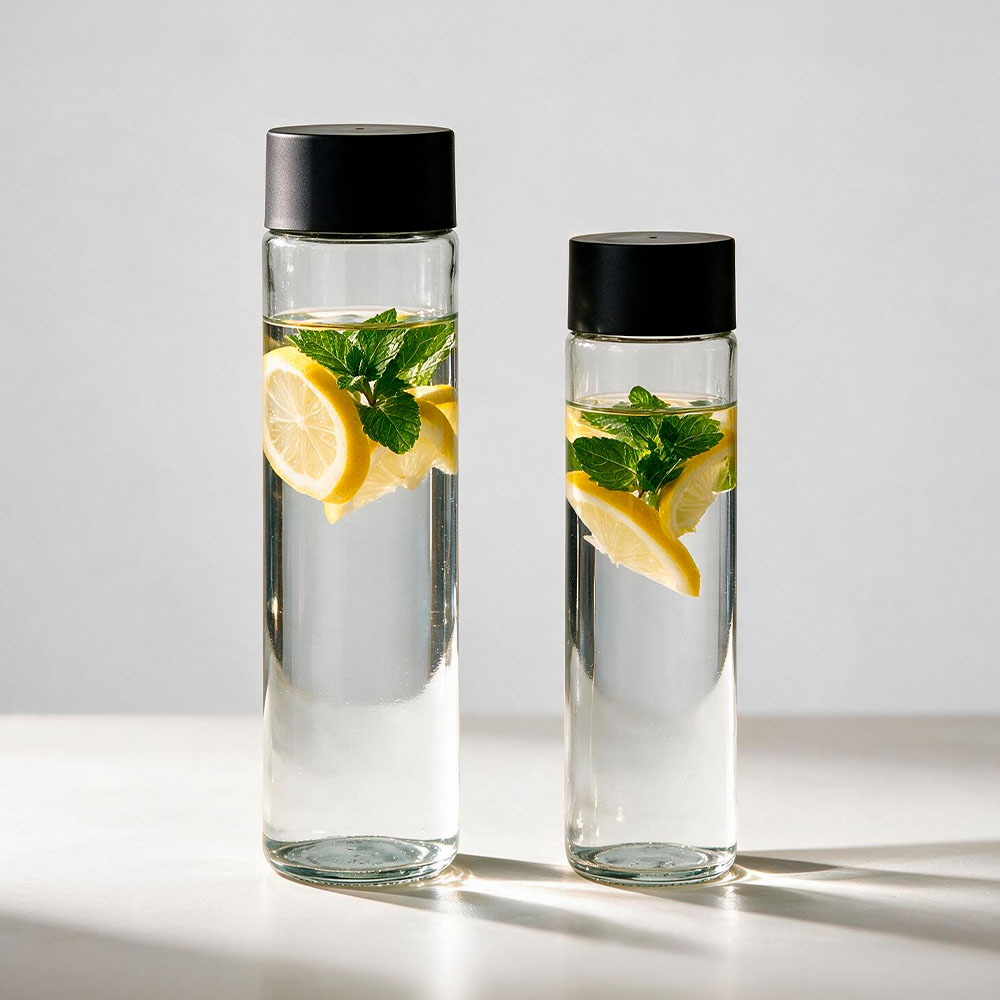 Turia glass bottles filled with water, lemon and mint on a sunlit table