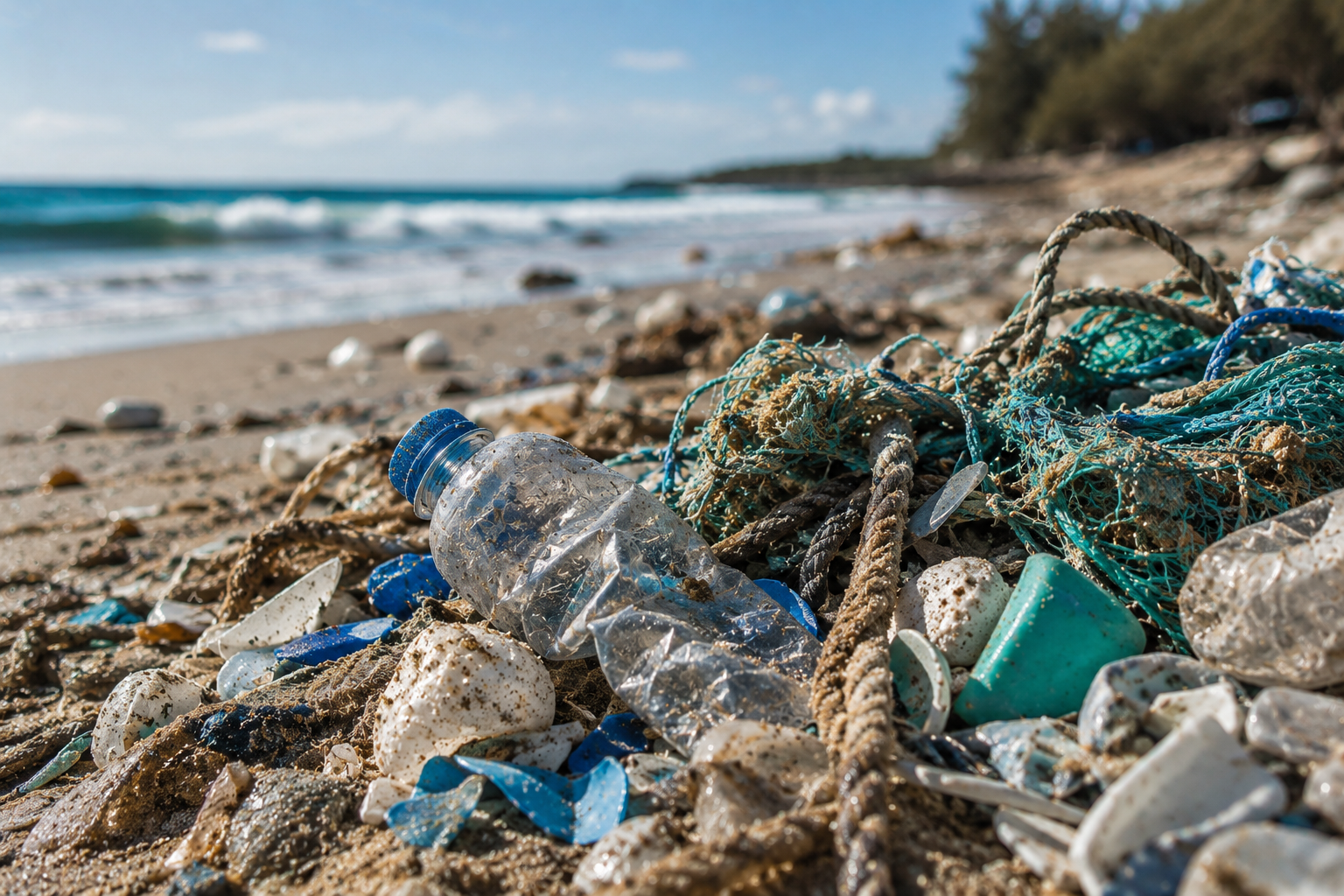 Discarded plastic bottles, fishing nets and rope washed up on a coastline, representing recovered ocean-bound plastic waste