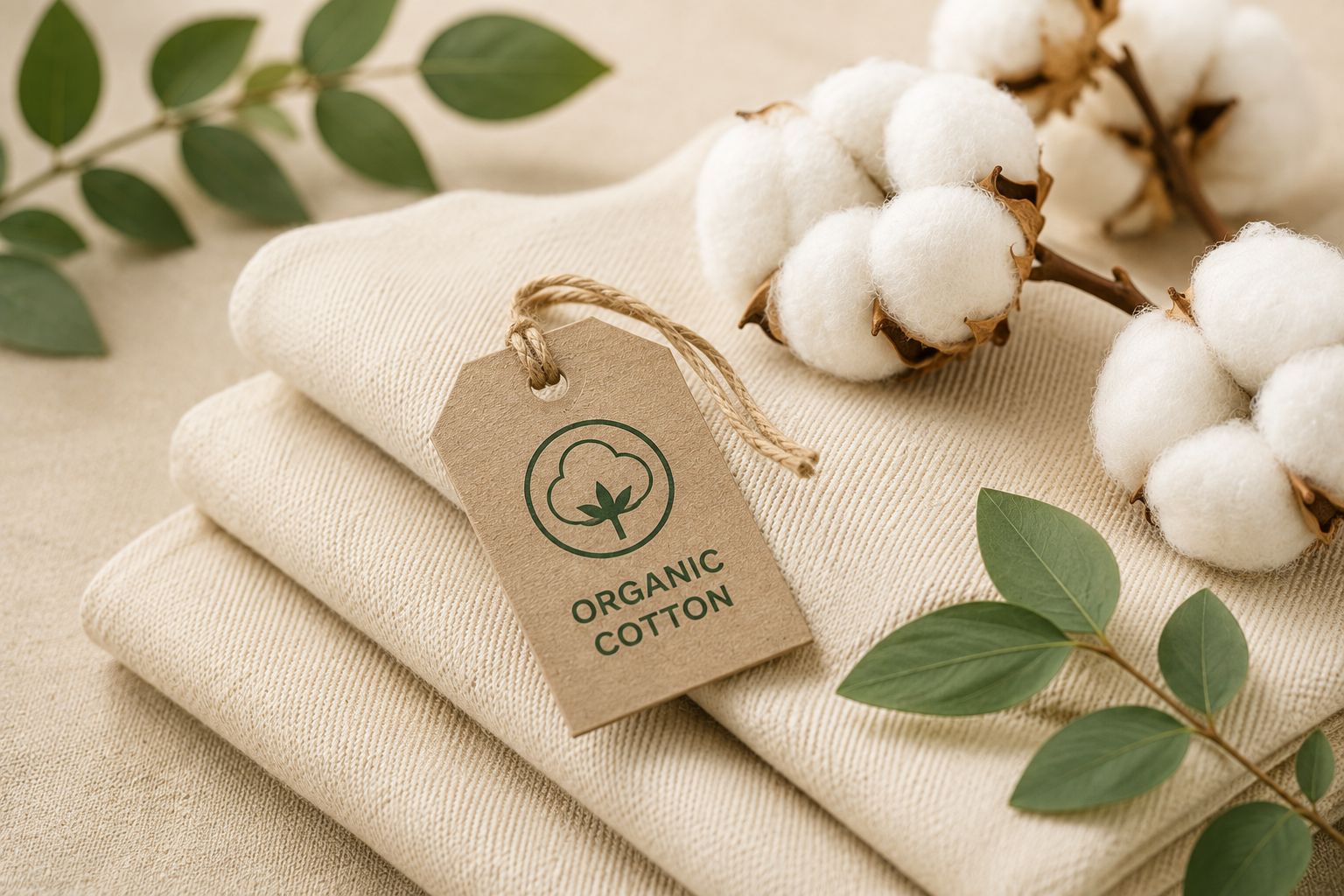 Folded natural cotton fabric with a kraft tag labelled Organic Cotton, beside cotton bolls and eucalyptus leaves on a neutral surface
