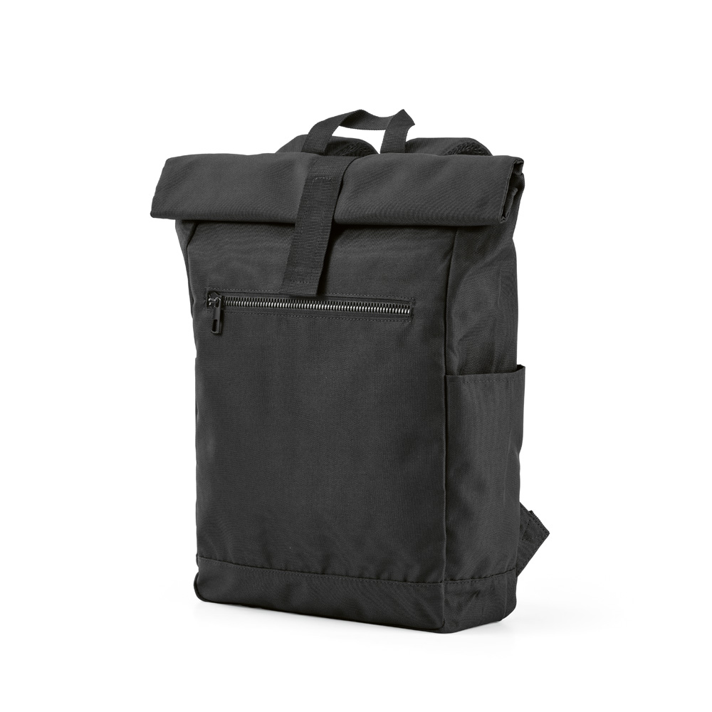 Rome Backpack 12L rPET in black, front three-quarter view with roll-top closure