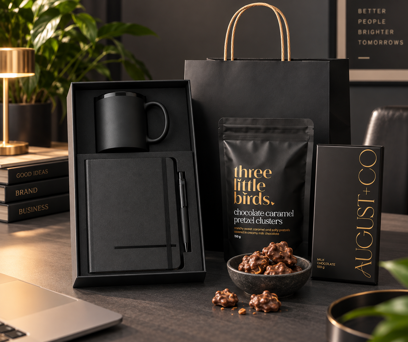 The Desk Edit Gift Set: boxed notebook, pen and ceramic mug set with chocolate caramel pretzel clusters, milk chocolate and a black paper gift bag