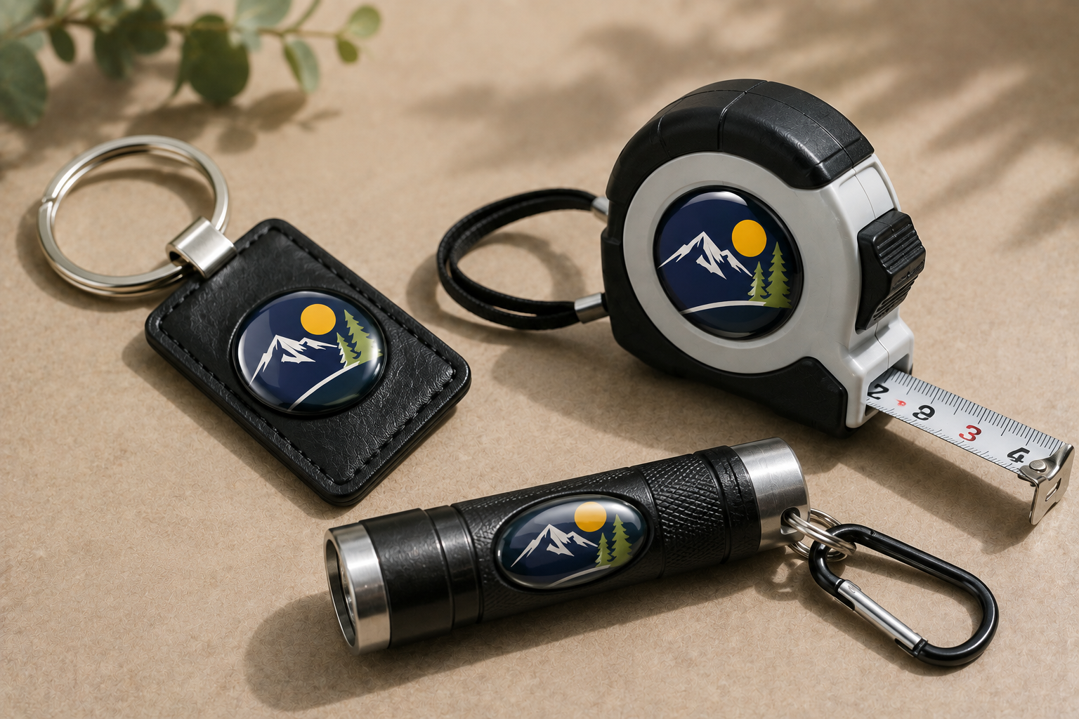 Domed resin branding on a leather keychain, tape measure and flashlight, each with a glossy mountain and sun badge