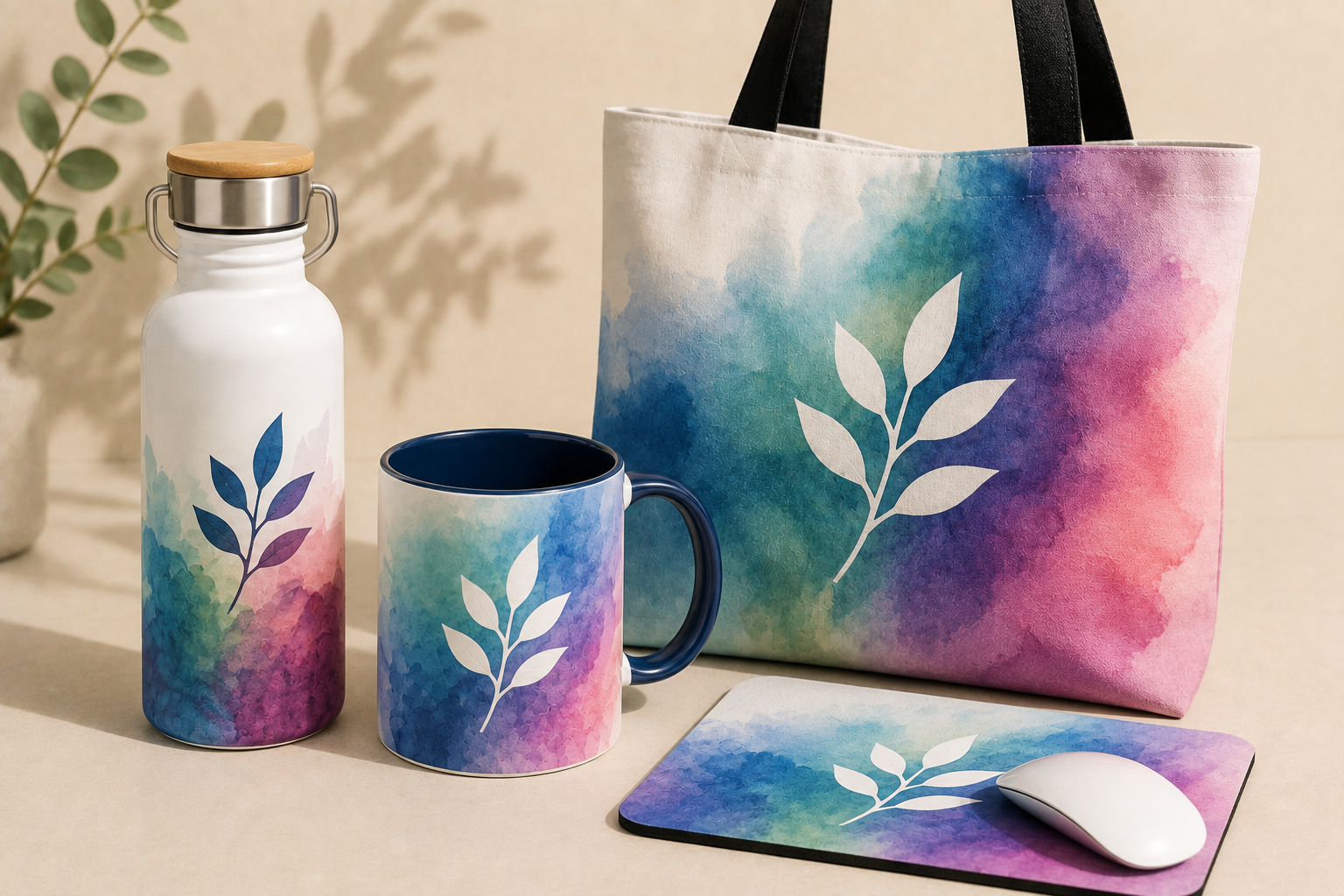 Branded water bottle, mug, tote bag and mouse pad with a vibrant sublimation finish