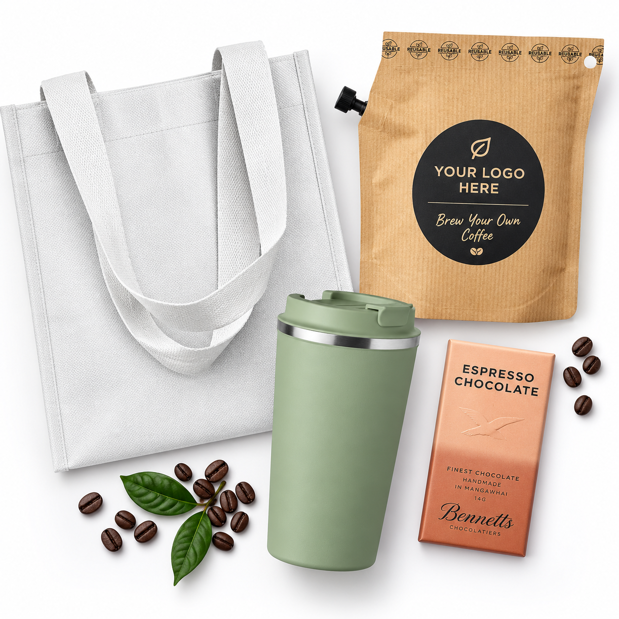 The Coffee Break Gift Set contents: RPET tote, insulated tumbler, Brew Your Own Coffee brewer and espresso chocolate