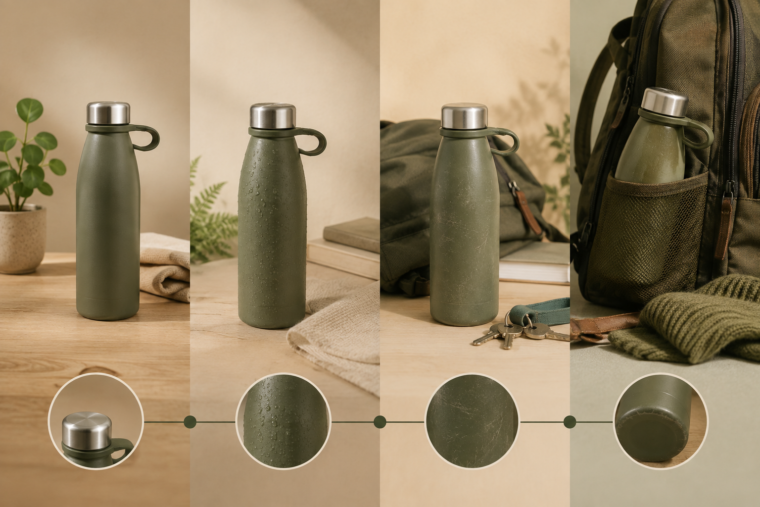 A green reusable drink bottle shown across four moments of everyday use, from new to well travelled
