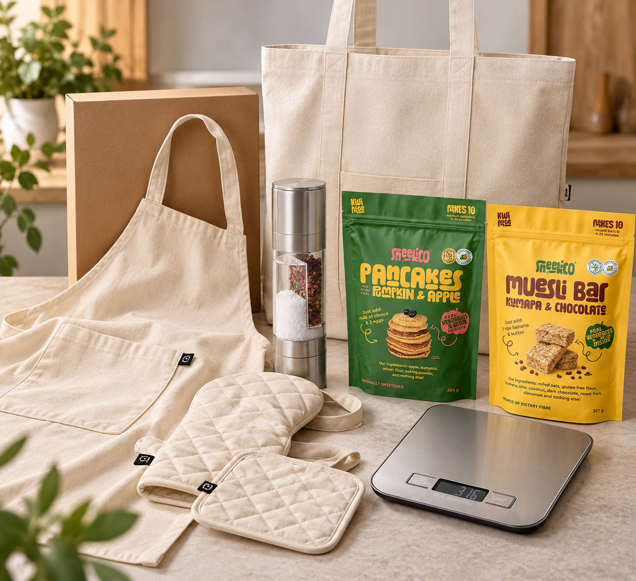 The Kitchen Edit Gift Set: apron, oven glove and pot holder, salt and pepper mill, digital kitchen scale, two Sneeki Co baking mixes and a natural recycled-cotton shopper