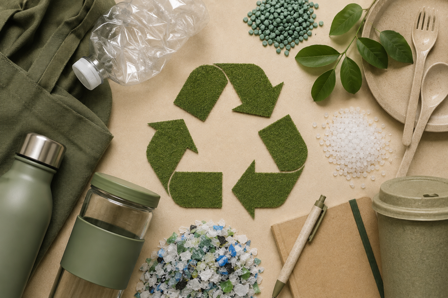Flat lay of recycled materials, plastic pellets, a green bottle, notebook and a grass recycling symbol