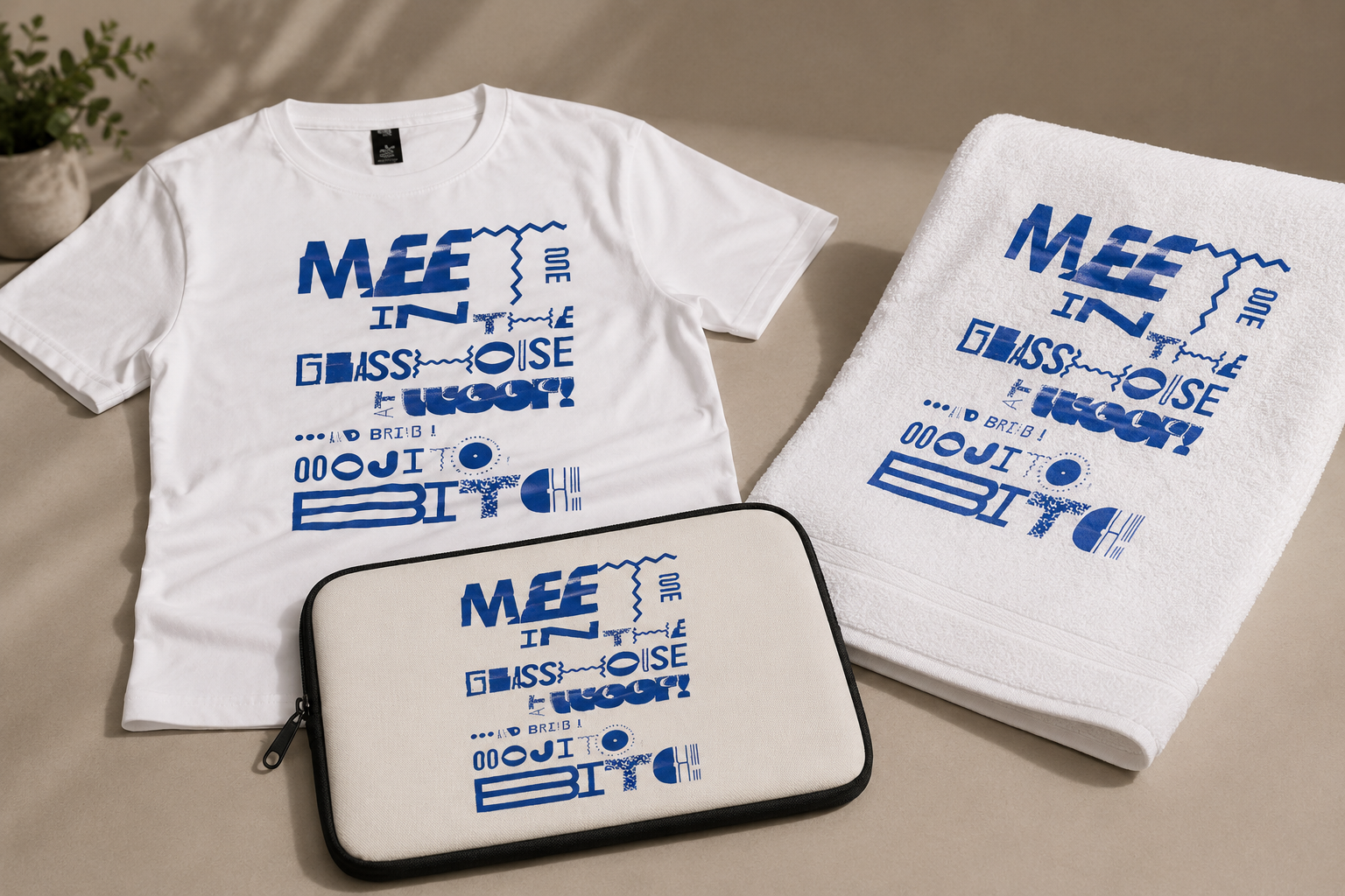 White t-shirt, towel and zippered pouch each decorated with a bold blue screen-printed graphic
