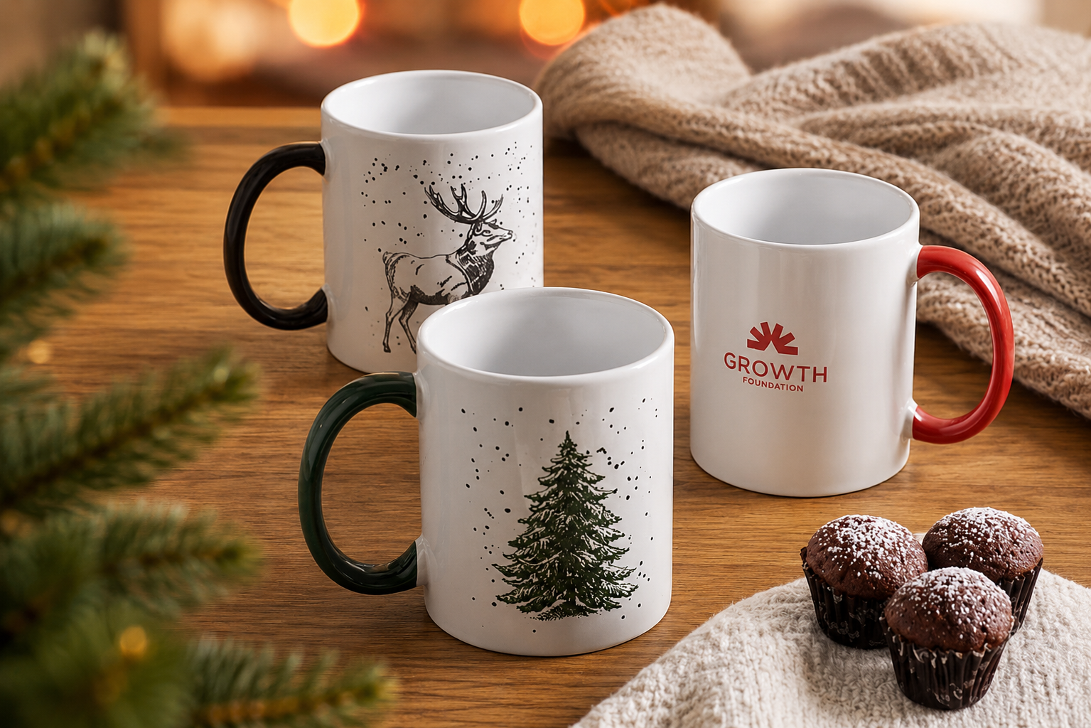 Festimug ceramic mugs with festive designs on a wooden table