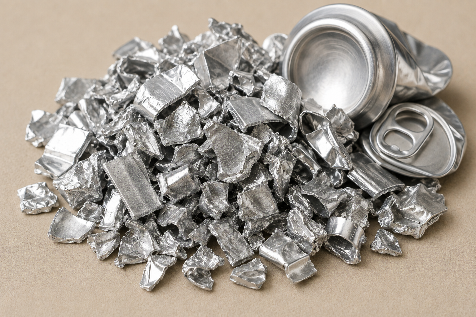 Crushed aluminium pieces and a metal can, representing recovered aluminium material for recycling