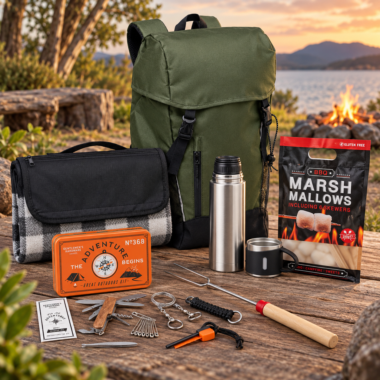 The Outdoor Escape gift set styled by a lakeside campfire: green Siena RPET backpack, Caly picnic blanket, Tonia thermal flask with cup, Great Outdoors Kit tin, campfire roasting fork and BBQ marshmallows