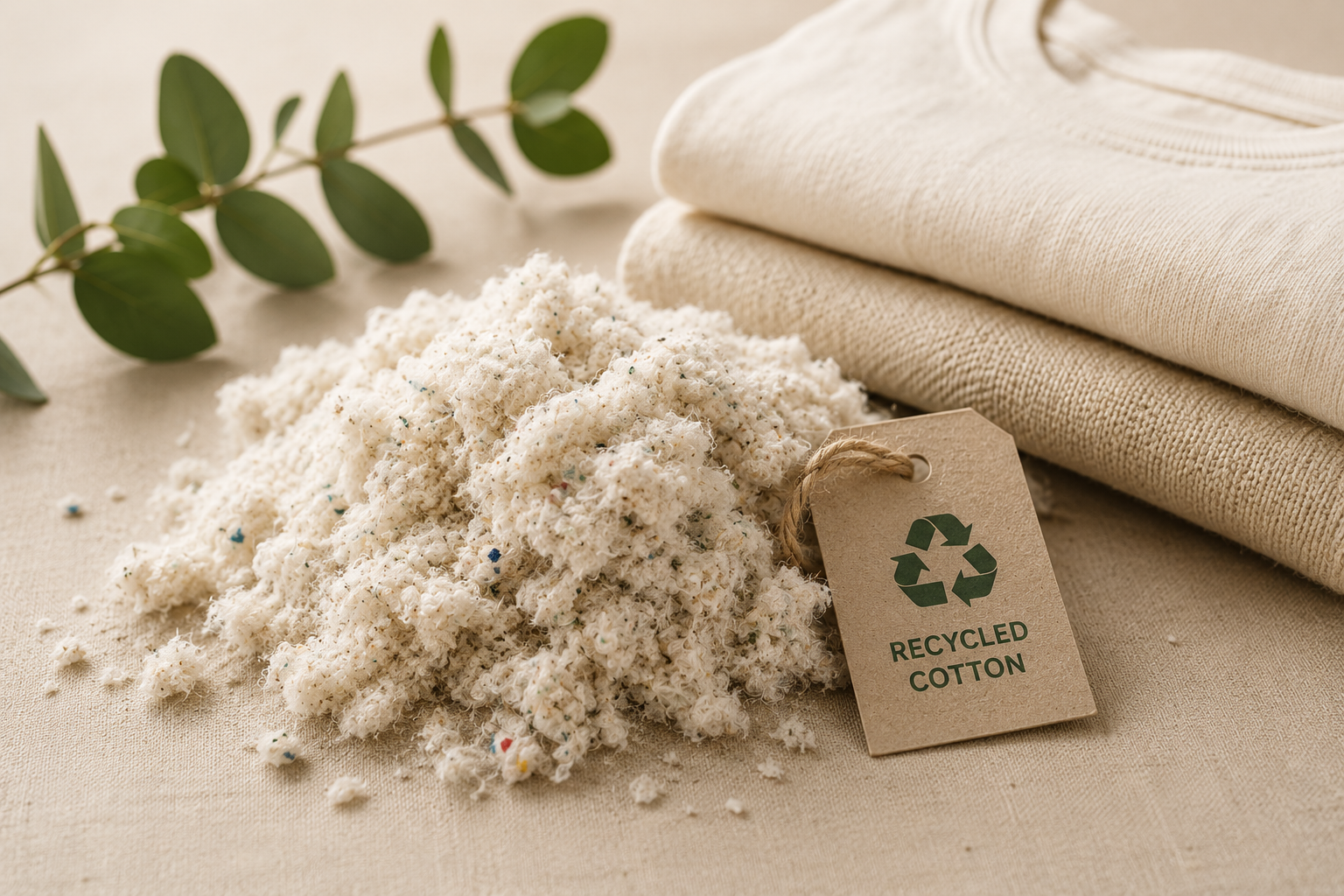 Recycled cotton fibres beside folded natural cotton fabric and a kraft tag labelled Recycled Cotton, with a eucalyptus branch on a neutral surface