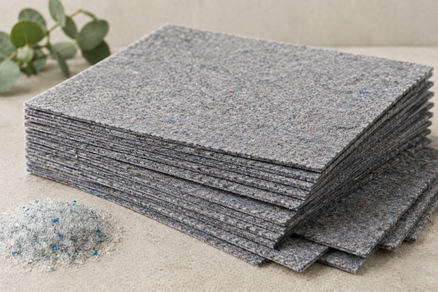 A stack of grey recycled PET felt sheets beside a pile of clear recycled PET flakes