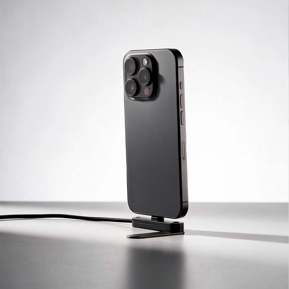 Edison Cable holding a phone upright as a stand on a desk