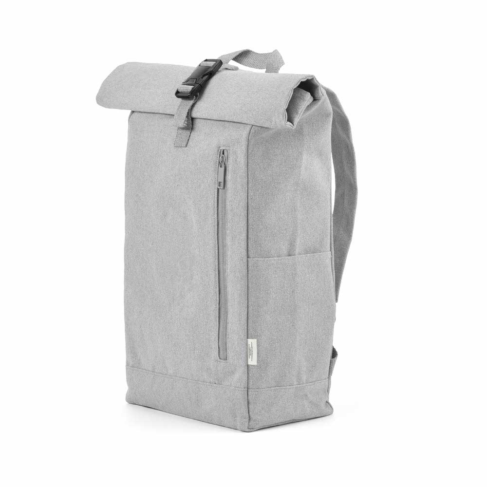 Osaka Backpack 16L rCotton in light grey, front three-quarter view with roll-top buckle closure