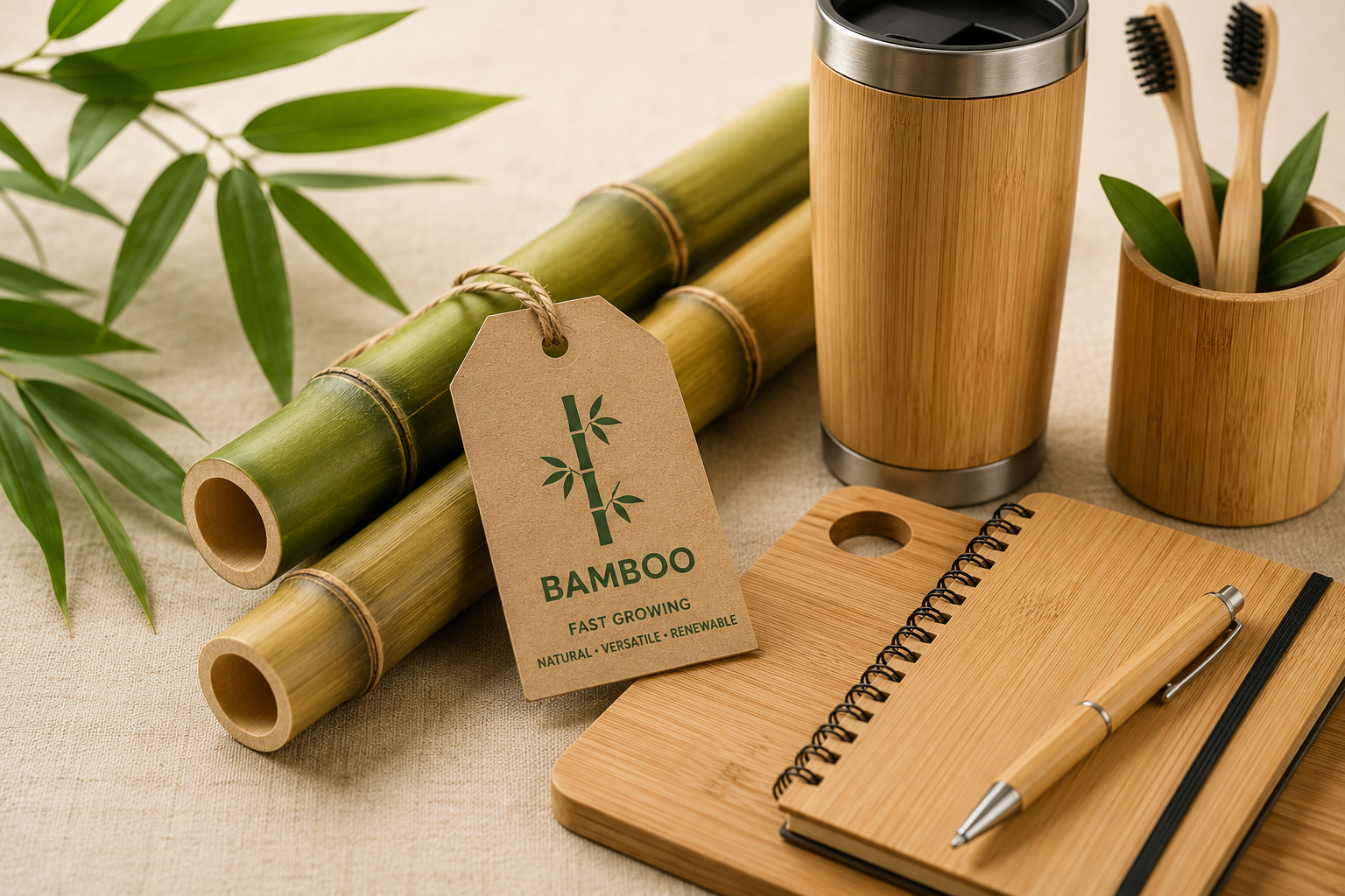 Bamboo stems, a kraft tag labelled Bamboo, and bamboo drinkware, stationery and homeware products on a neutral surface
