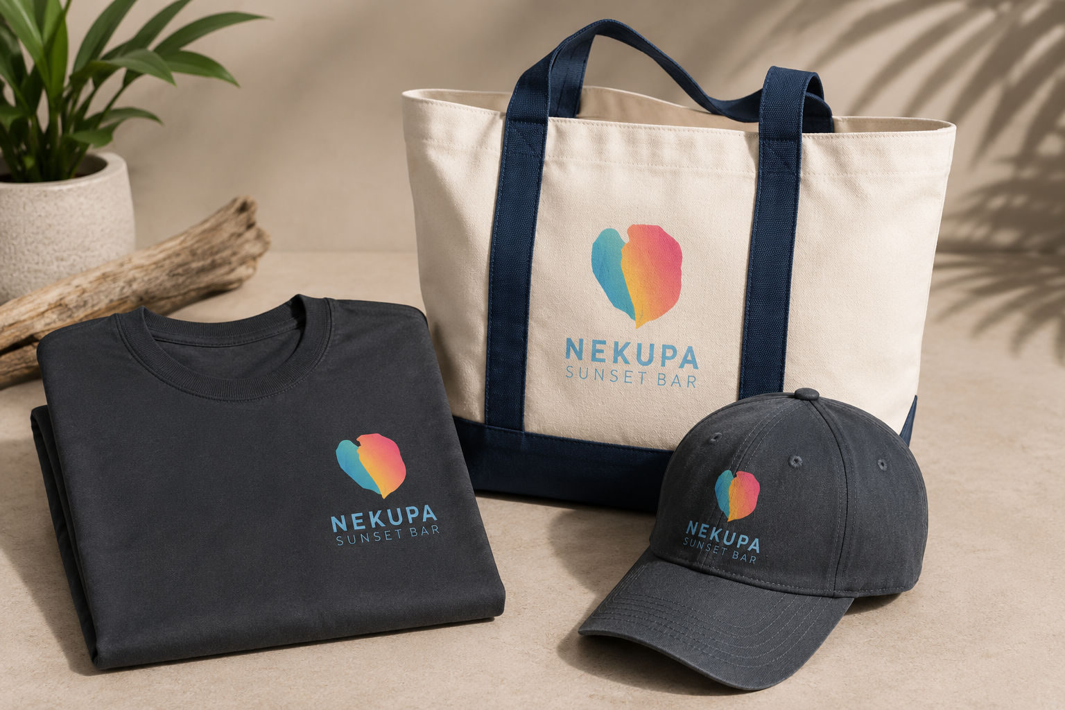 Canvas tote bag, folded t-shirt and cap branded with a vibrant gradient digital transfer logo
