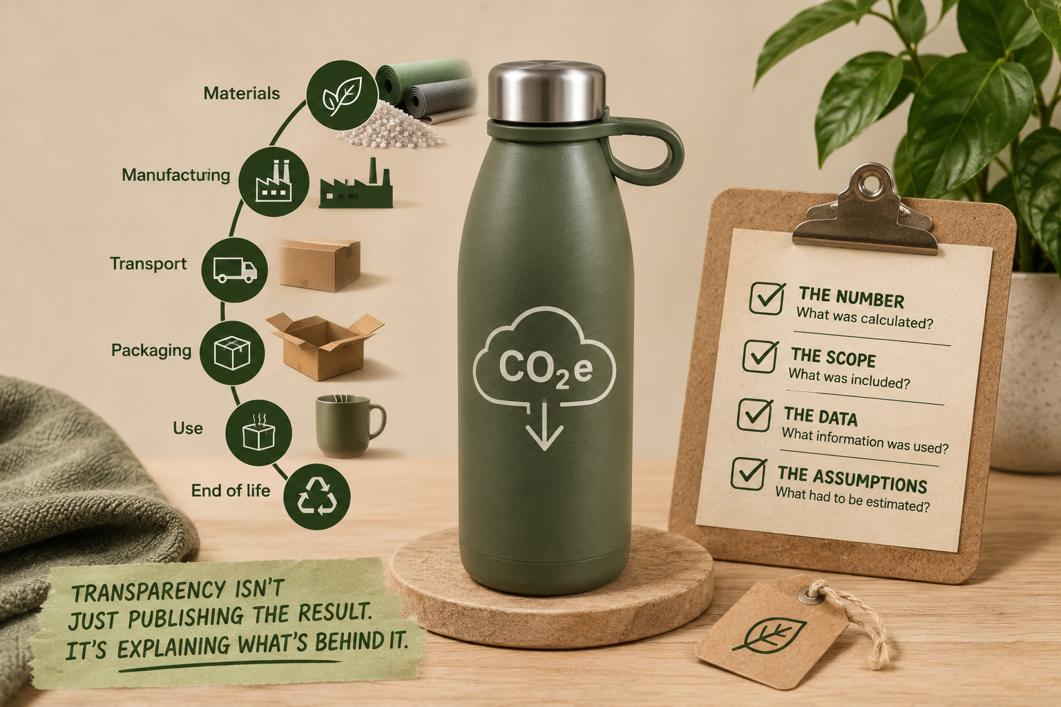 Editorial flat-lay showing a bottle marked CO2e, lifecycle stage icons and a checklist covering the number, scope, data and assumptions
