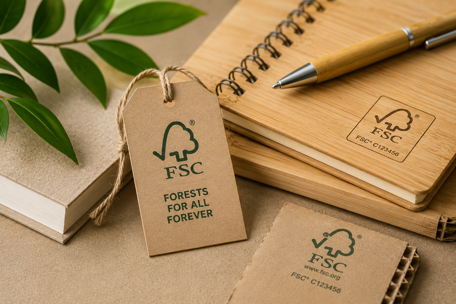 A kraft FSC swing tag beside bamboo-covered notebooks and kraft paper packaging carrying FSC marks