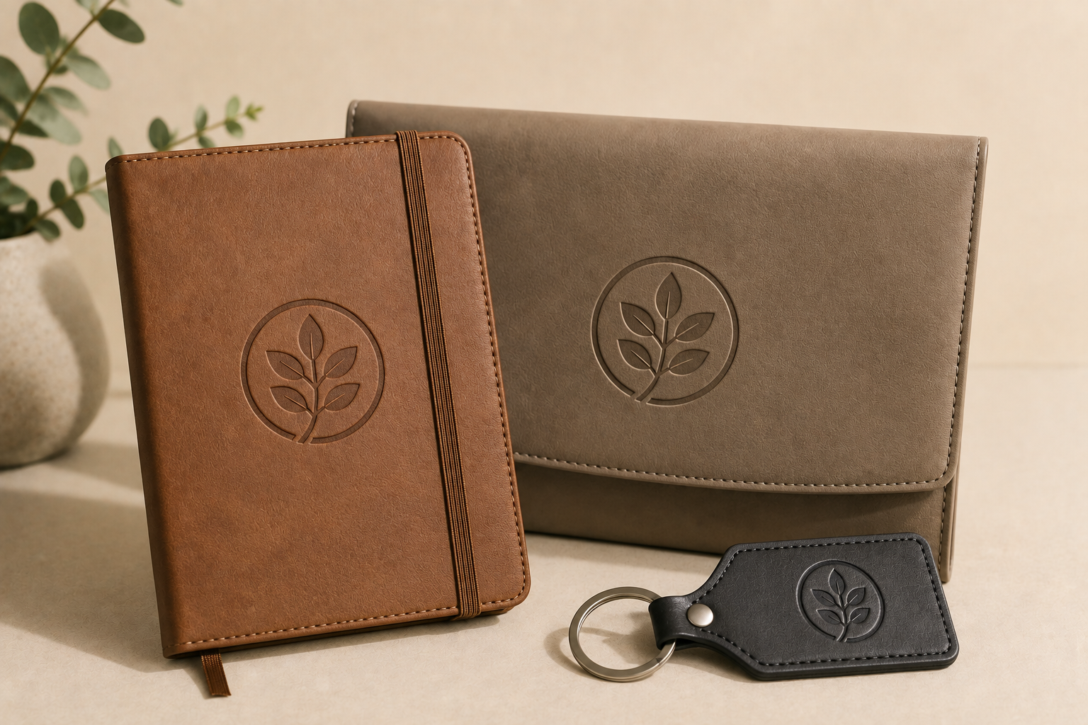 Premium leather notebook, folio and keyring each debossed with a recessed leaf logo