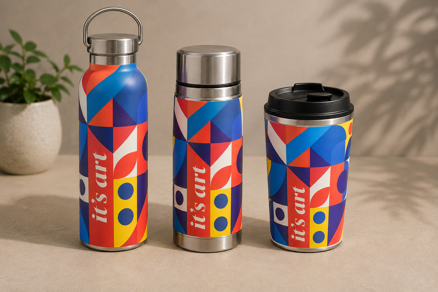 Stainless steel bottle, flask and travel cup wrapped in bold, full-colour digital-printed geometric artwork