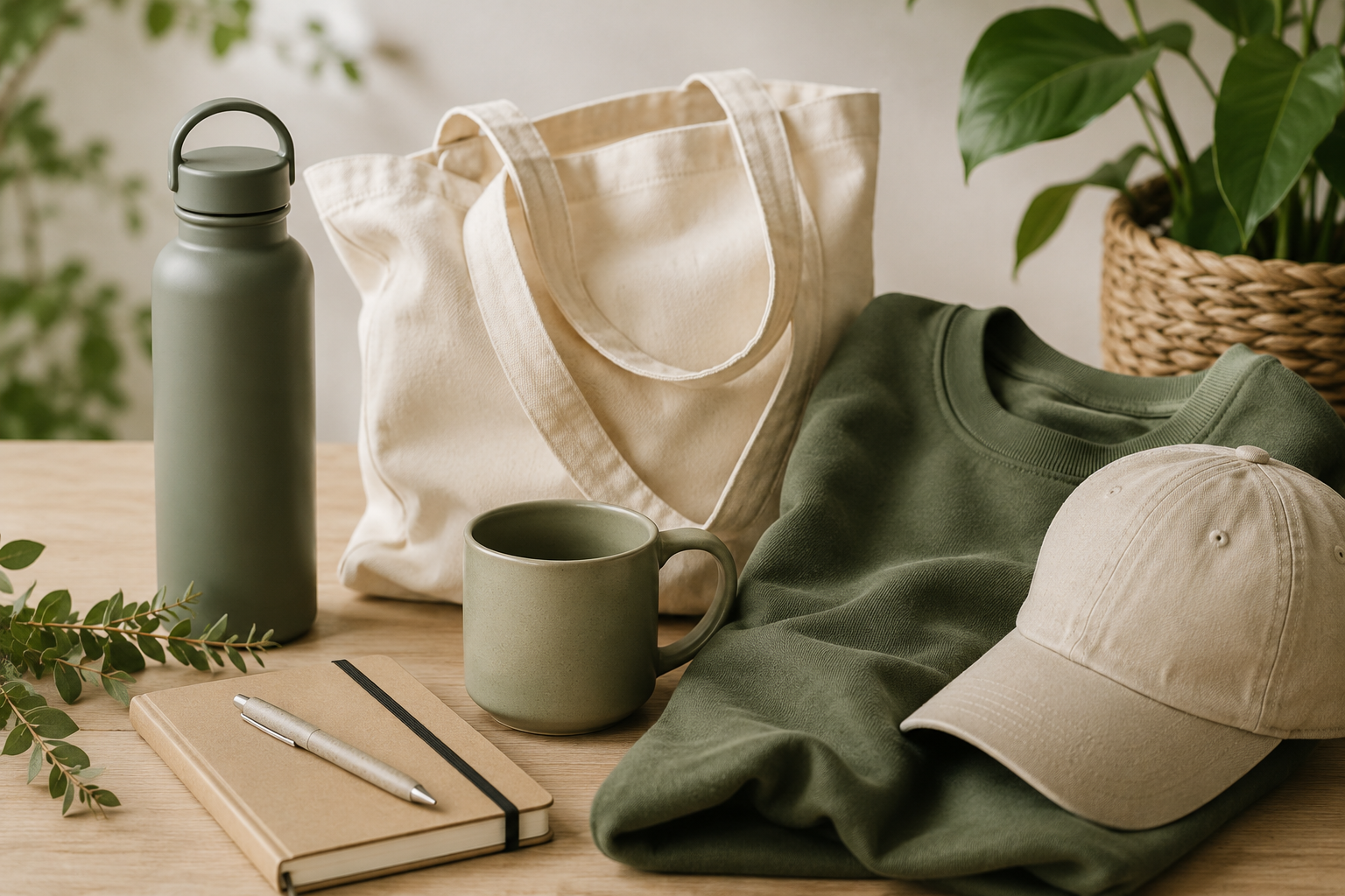 Well-chosen branded bottle, notebook and tote beside a cupboard of forgotten promotional merchandise