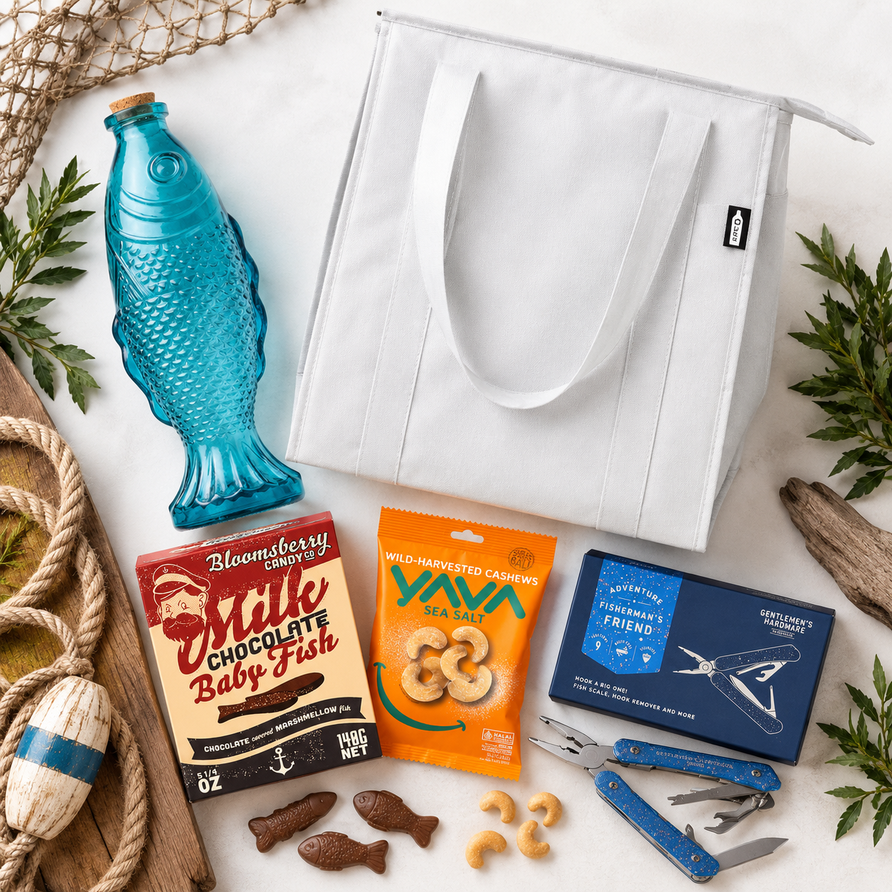The Gone Fishing Gift Set flat lay: white RPET cooler bag, turquoise fish glass decanter, chocolate baby fish, sea salt cashews and fishing multi-tool
