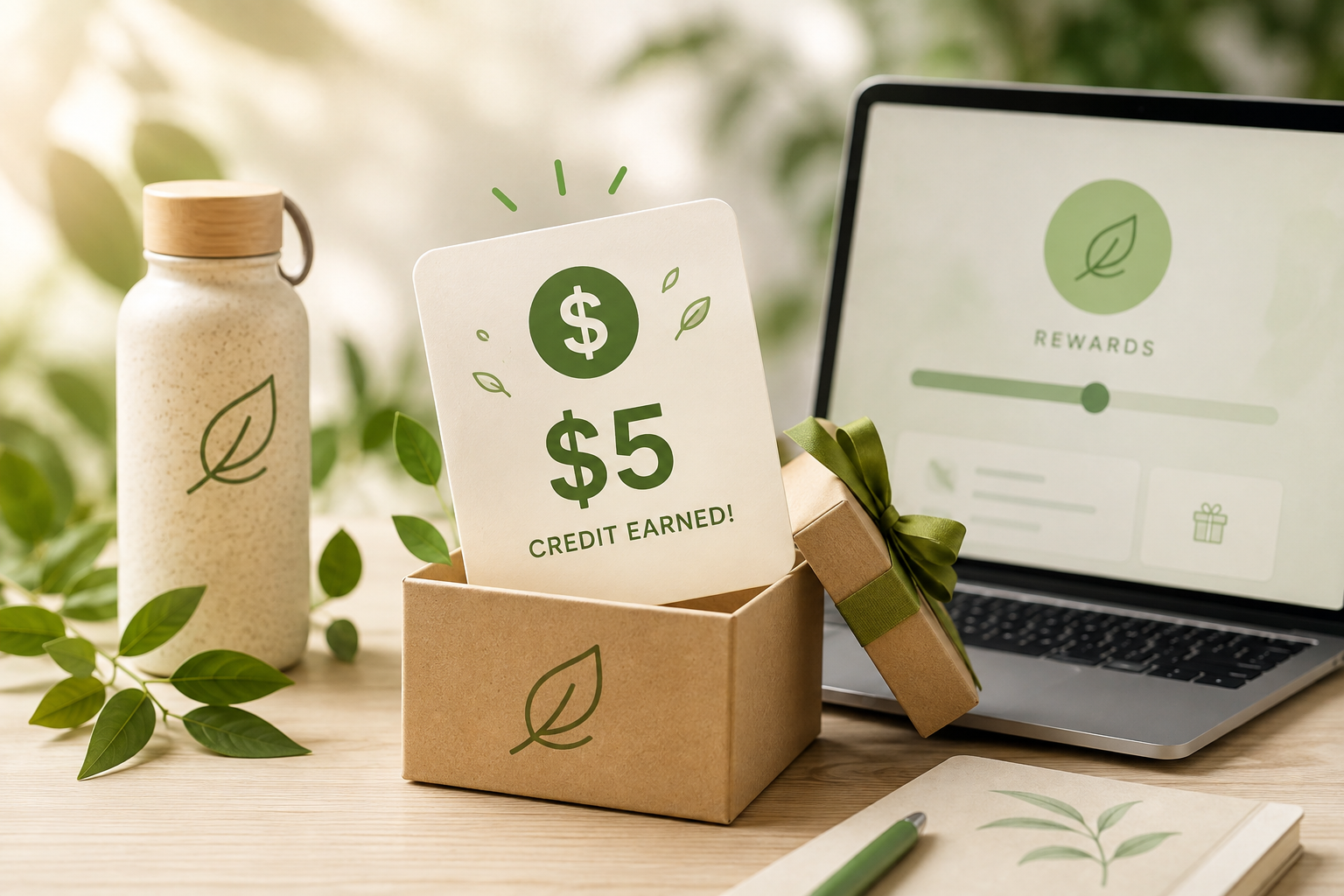 A $5 Ecosource Credit card, kraft gift box, reusable bottle and laptop showing the Rewards dashboard on a natural desk with green leaves