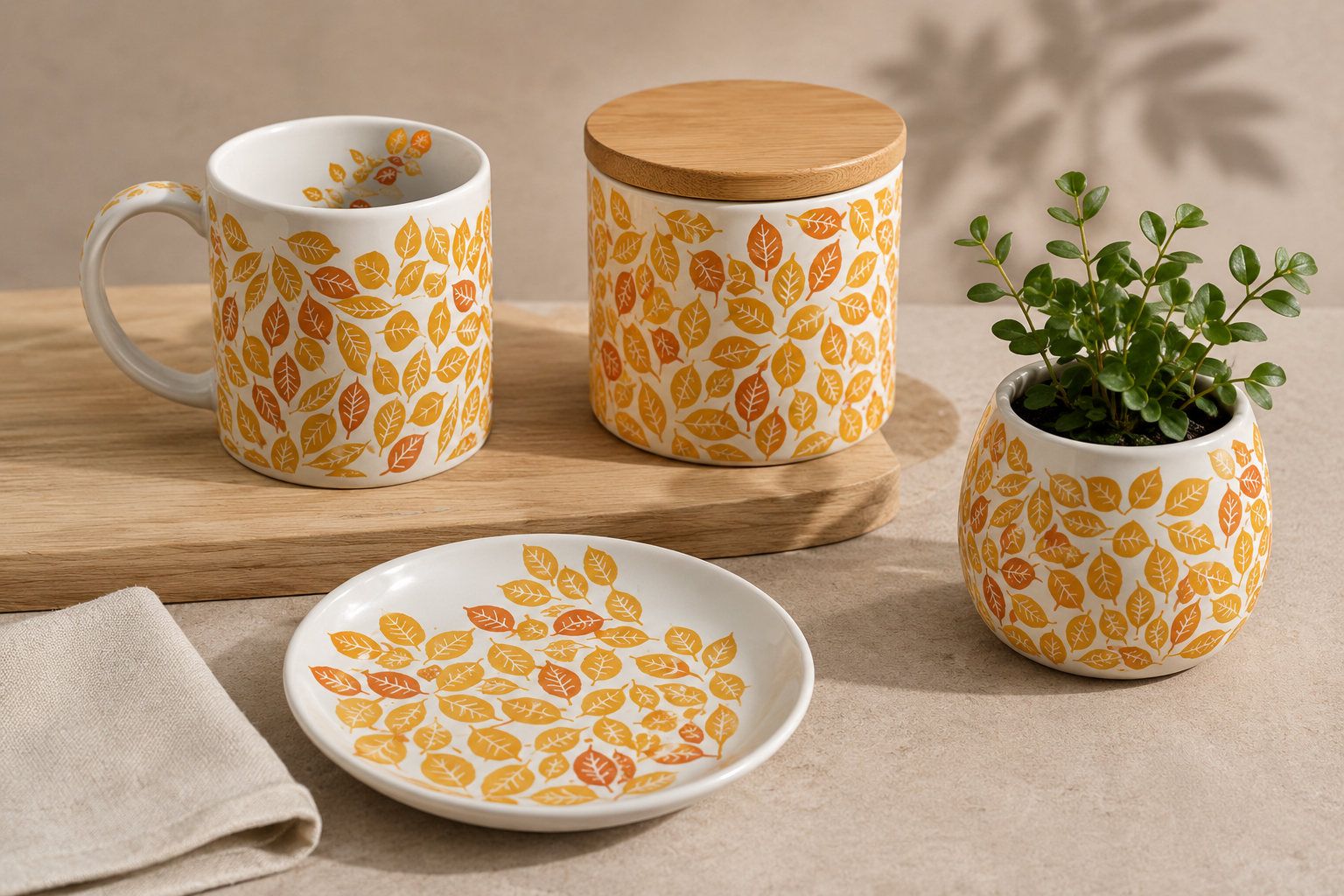 Ceramic mug, canister, dish and planter decorated with a fired leaf pattern