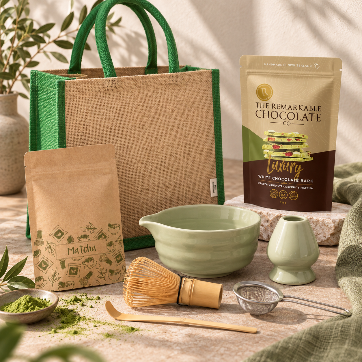 The Matcha Moment Gift Set: jute bag, matcha tea pouch, white chocolate bark, matcha bowl, whisk, holder, spoon and sifter