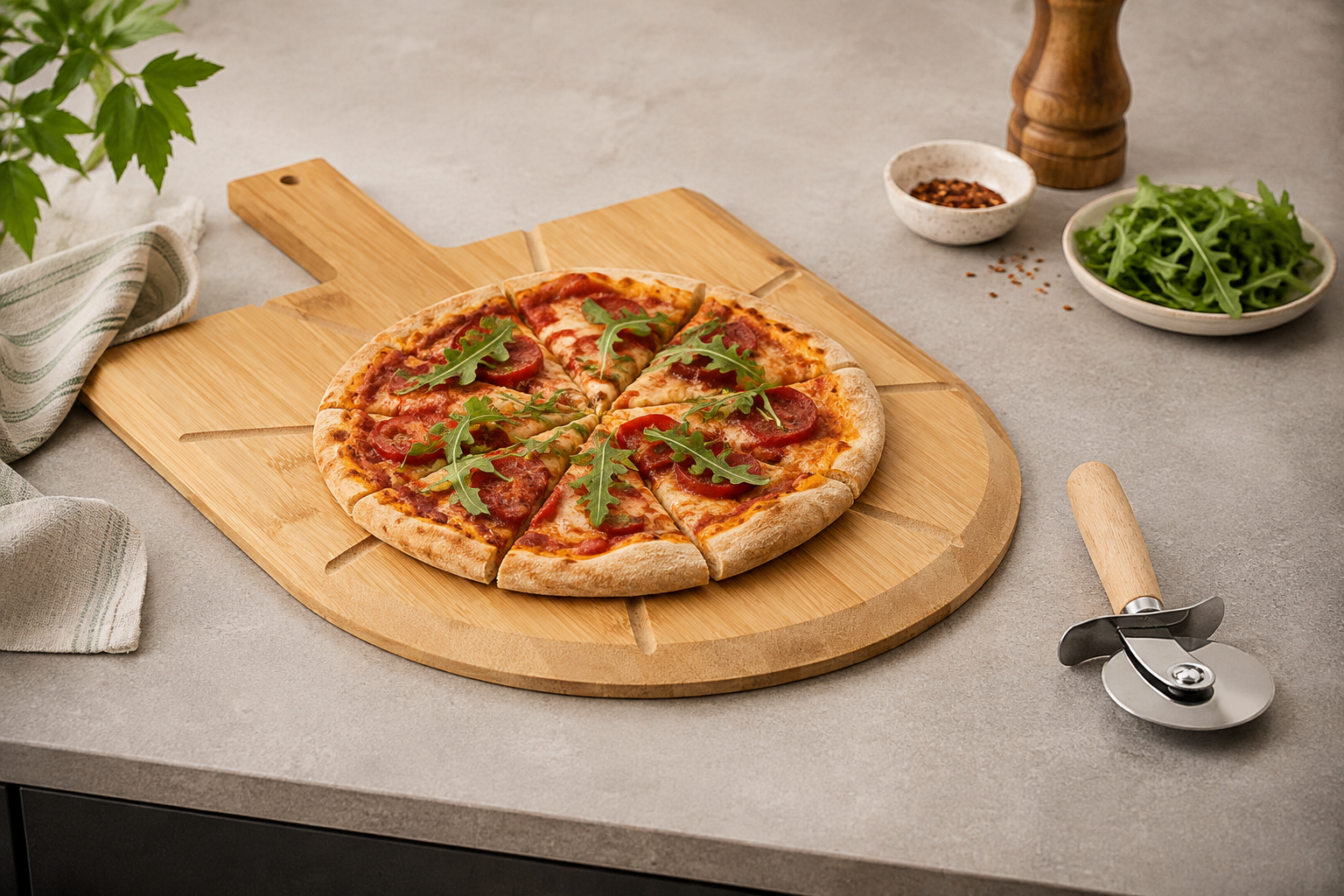 Napolitana bamboo pizza board with sliced pizza on a kitchen counter
