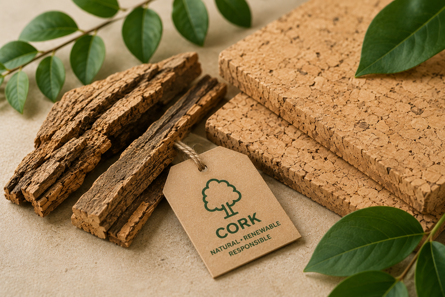 Strips of cork bark and cork sheets beside a kraft tag labelled Cork, with green leaves on a neutral surface