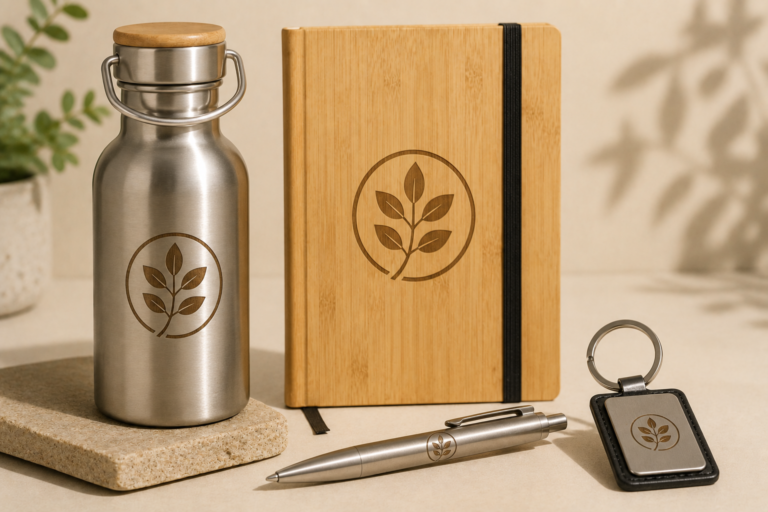 Bamboo, stainless steel and leather products with laser-engraved leaf logo