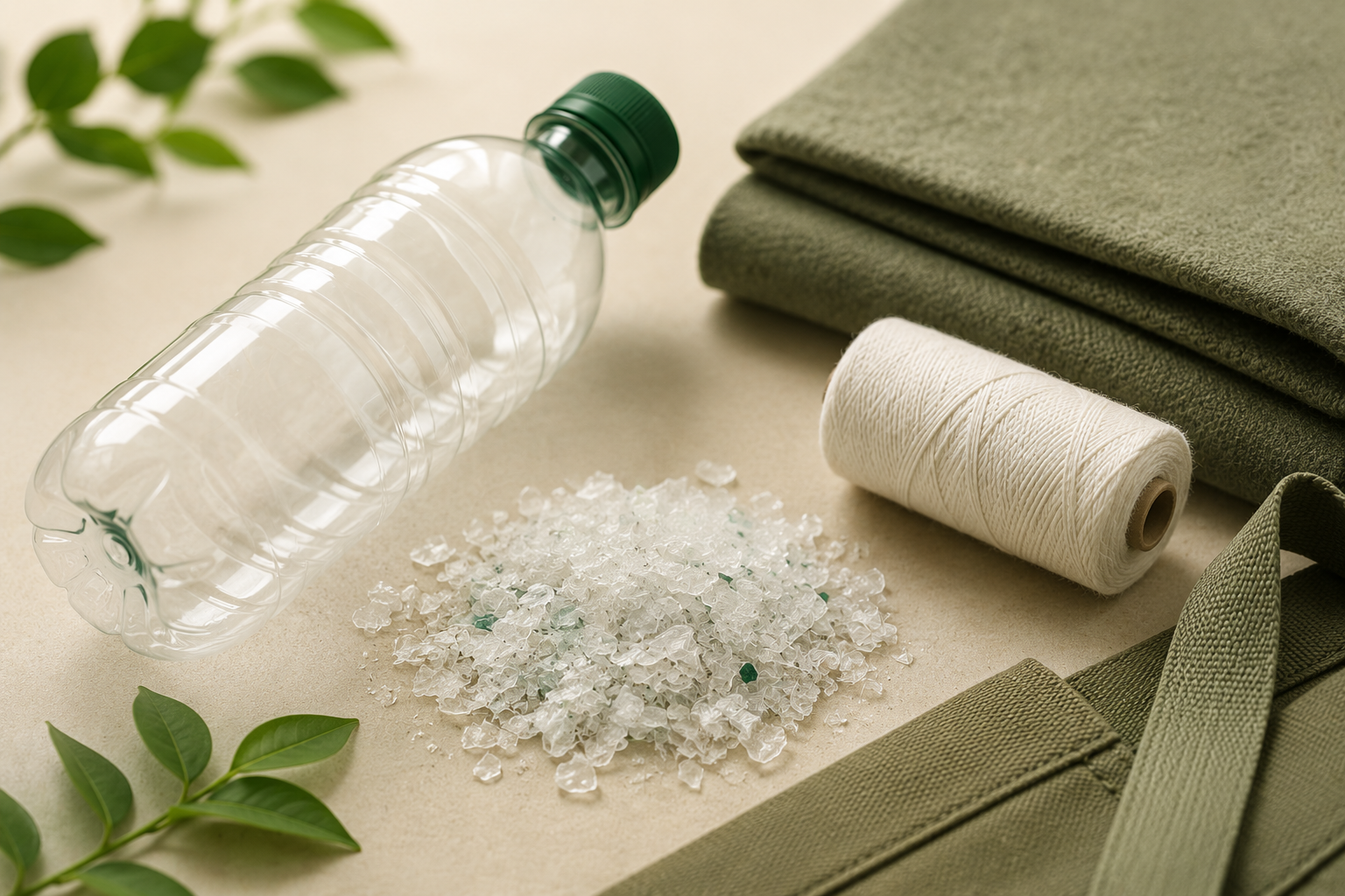 A clear PET bottle, recycled PET flakes, cotton twine and folded green recycled fabric on a cream surface